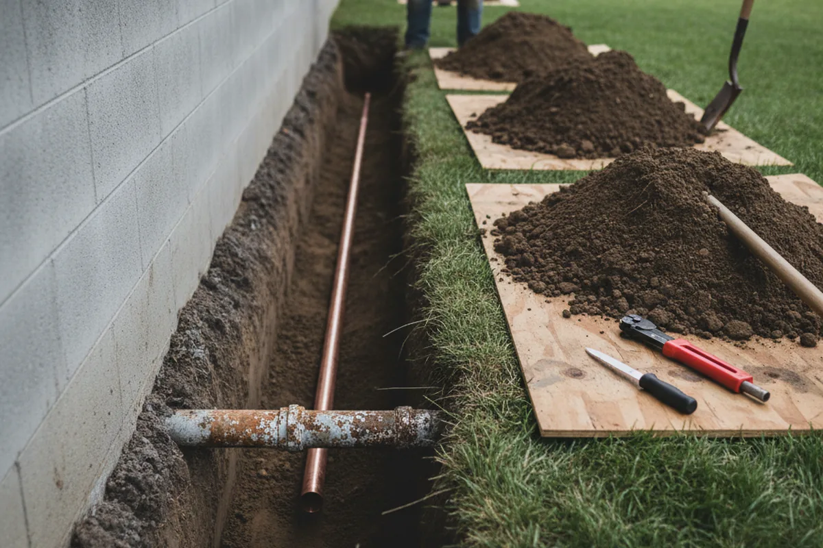 Excavated water line trench during Water Heater Repair in Audubon